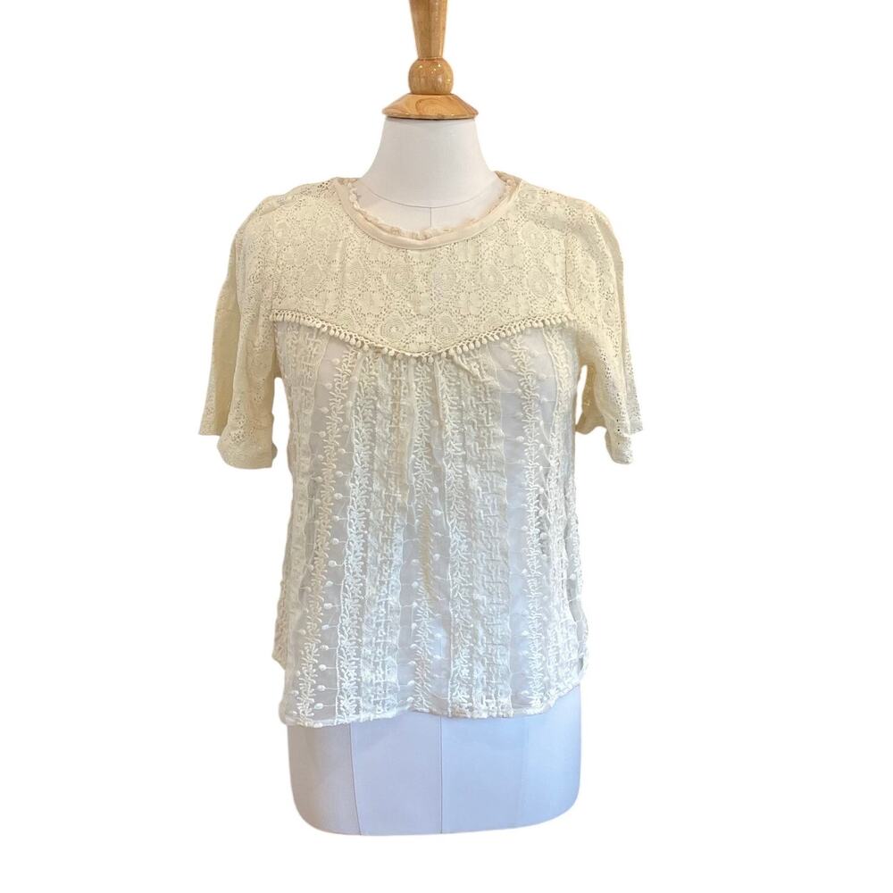 American Eagle Sheer Cream Lace Baby Doll Short Sleeve Top, Coquette, M